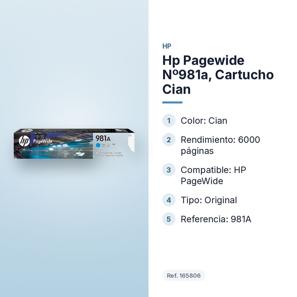 HP PAGEWIDE Nº981A, CARTUCHO CIAN - características principales