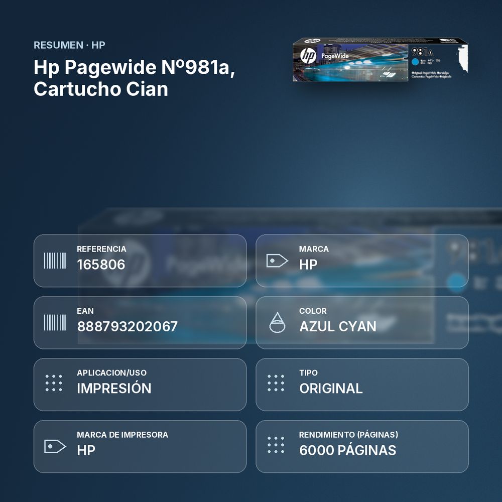 HP PAGEWIDE Nº981A, CARTUCHO CIAN - resumen de atributos