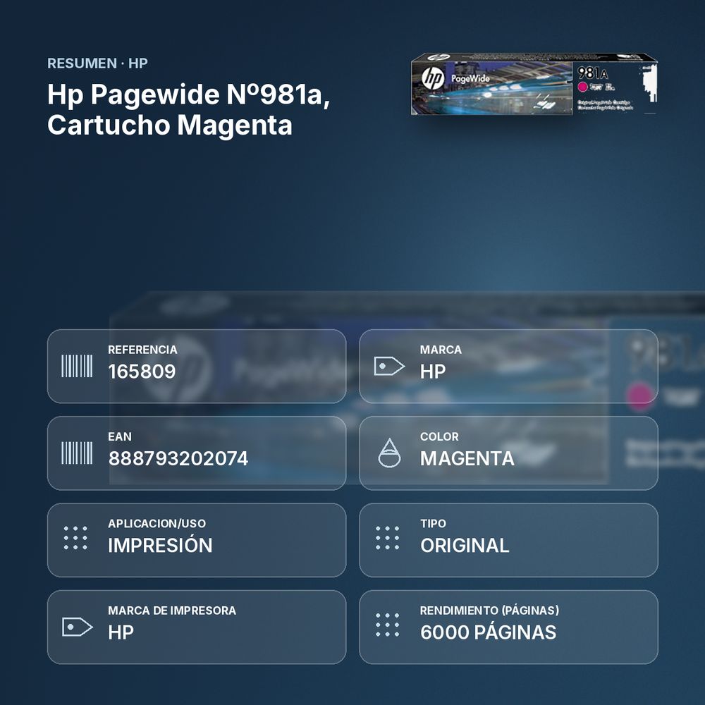 HP PAGEWIDE Nº981A, CARTUCHO MAGENTA - resumen de atributos