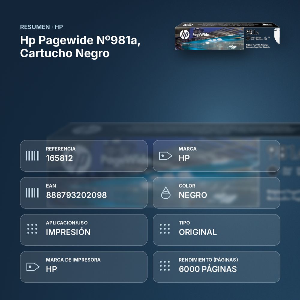HP PAGEWIDE Nº981A, CARTUCHO NEGRO - resumen de atributos