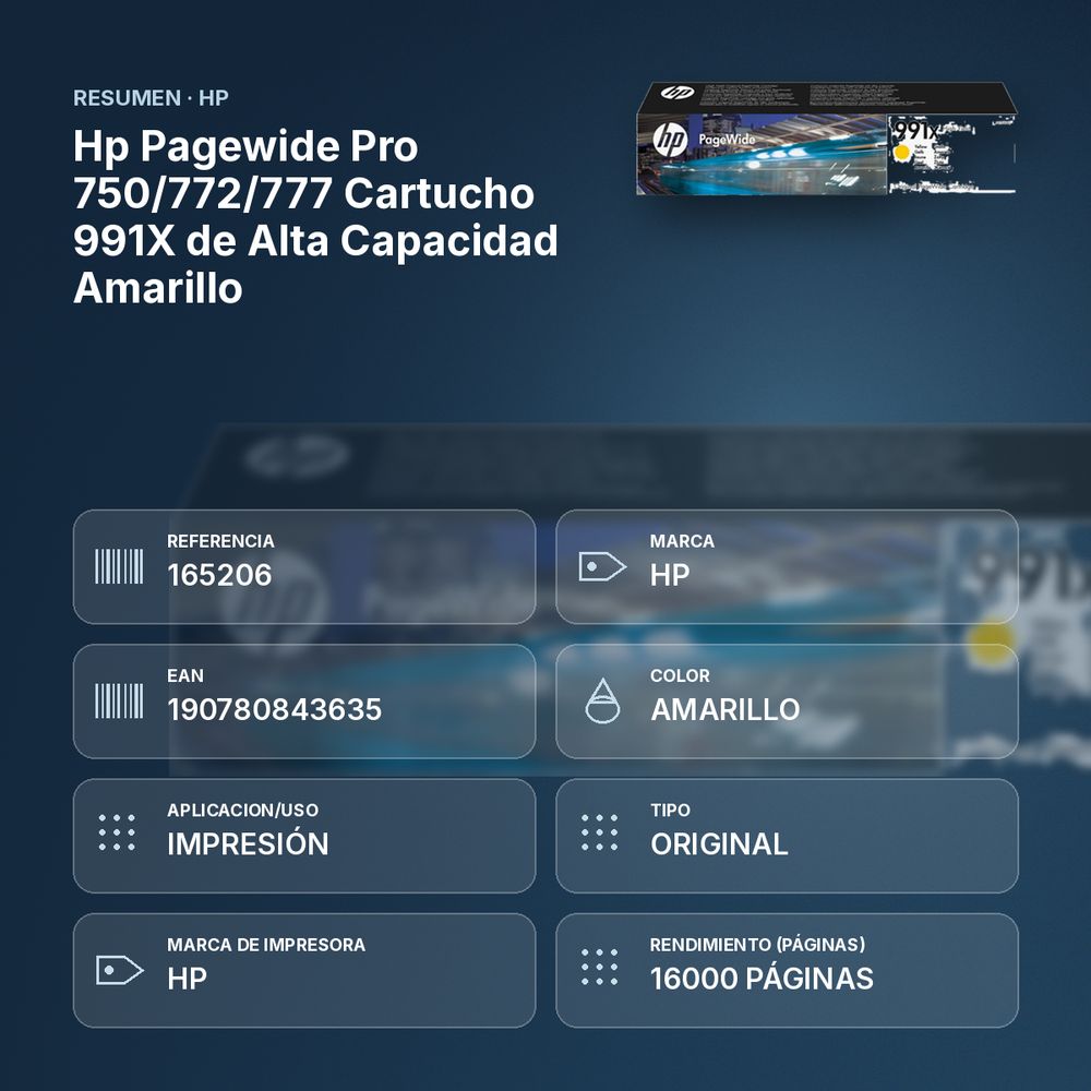 HP PAGEWIDE PRO 750/772/777 CARTUCHO 991X DE ALTA CAPACIDAD AMARILLO - resumen de atributos