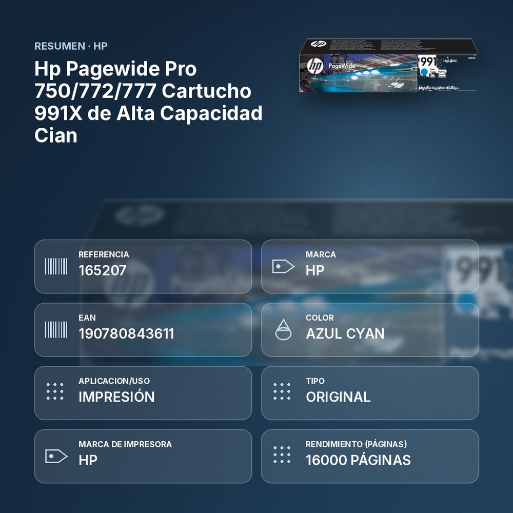 HP PAGEWIDE PRO 750/772/777 CARTUCHO 991X DE ALTA CAPACIDAD CIAN - resumen de atributos