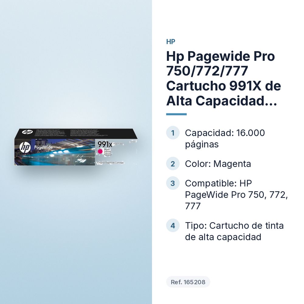 HP PAGEWIDE PRO 750/772/777 CARTUCHO 991X DE ALTA CAPACIDAD MAGENTA - características principales