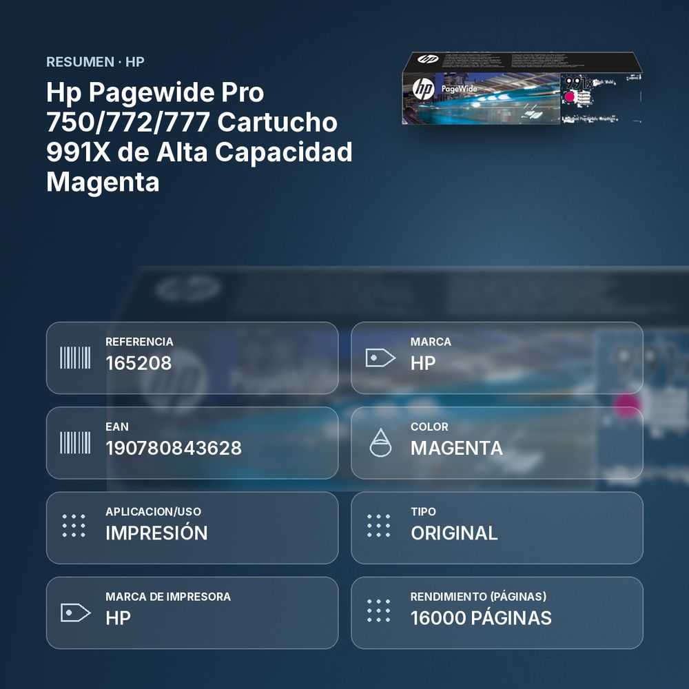 HP PAGEWIDE PRO 750/772/777 CARTUCHO 991X DE ALTA CAPACIDAD MAGENTA - resumen de atributos