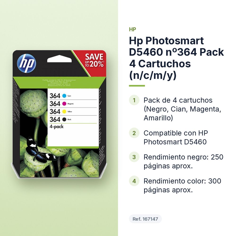 HP PHOTOSMART D5460 Nº364 PACK 4 CARTUCHOS (N/C/M/Y) - características principales