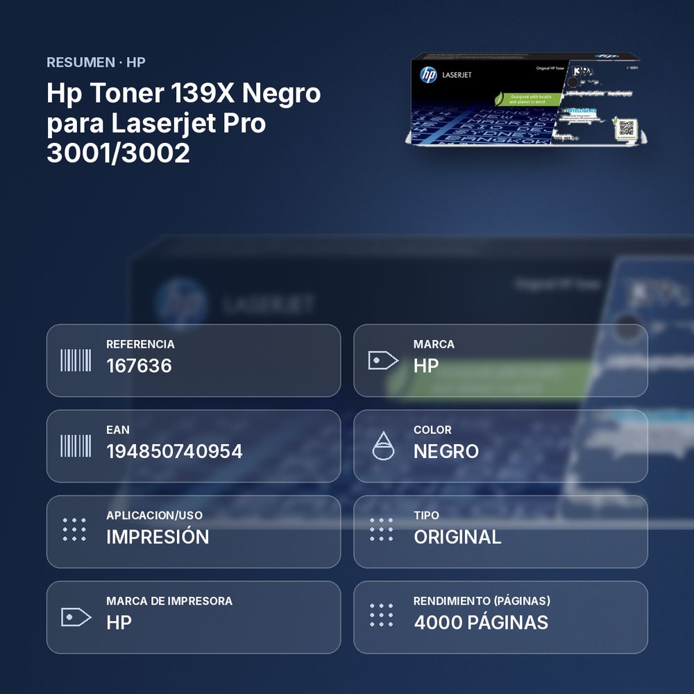 HP TONER 139X NEGRO PARA LASERJET PRO 3001/3002 - resumen de atributos