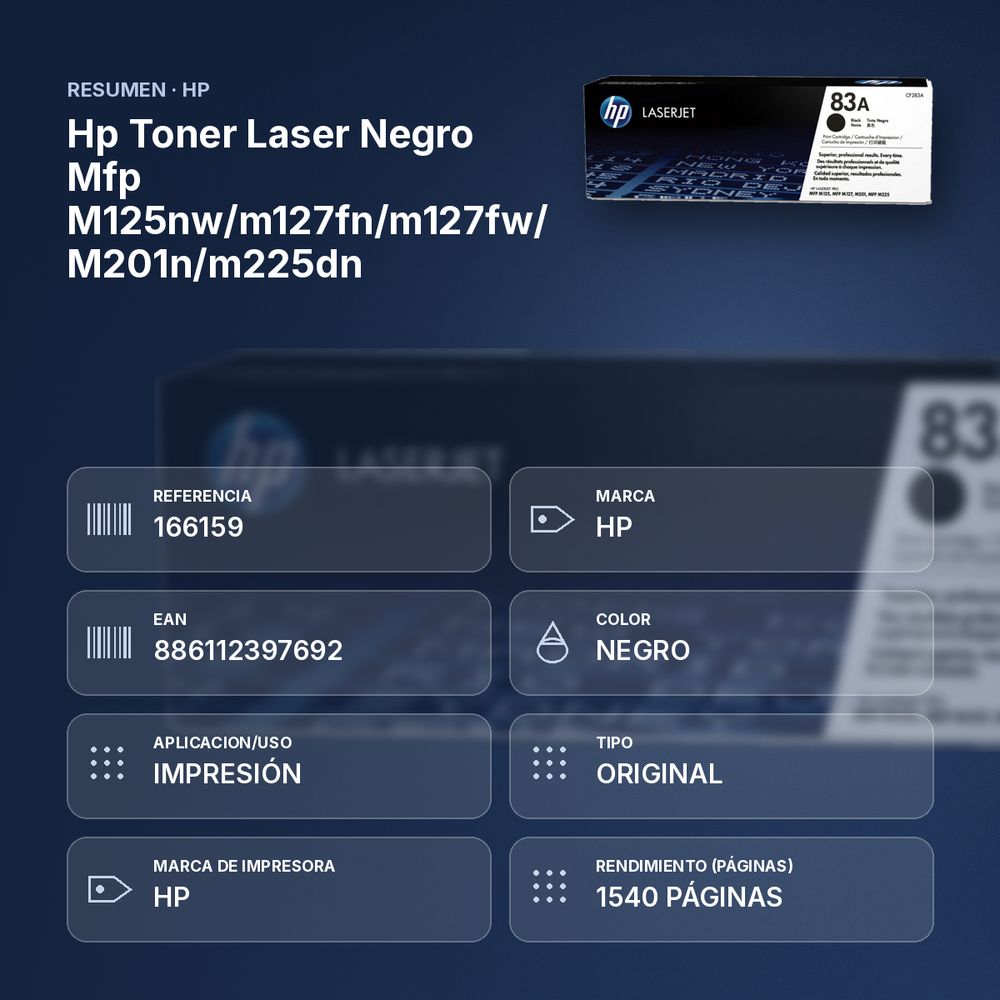 HP TONER LASER NEGRO MFP M125NW/M127FN/M127FW/ M201N/M225DN - resumen de atributos