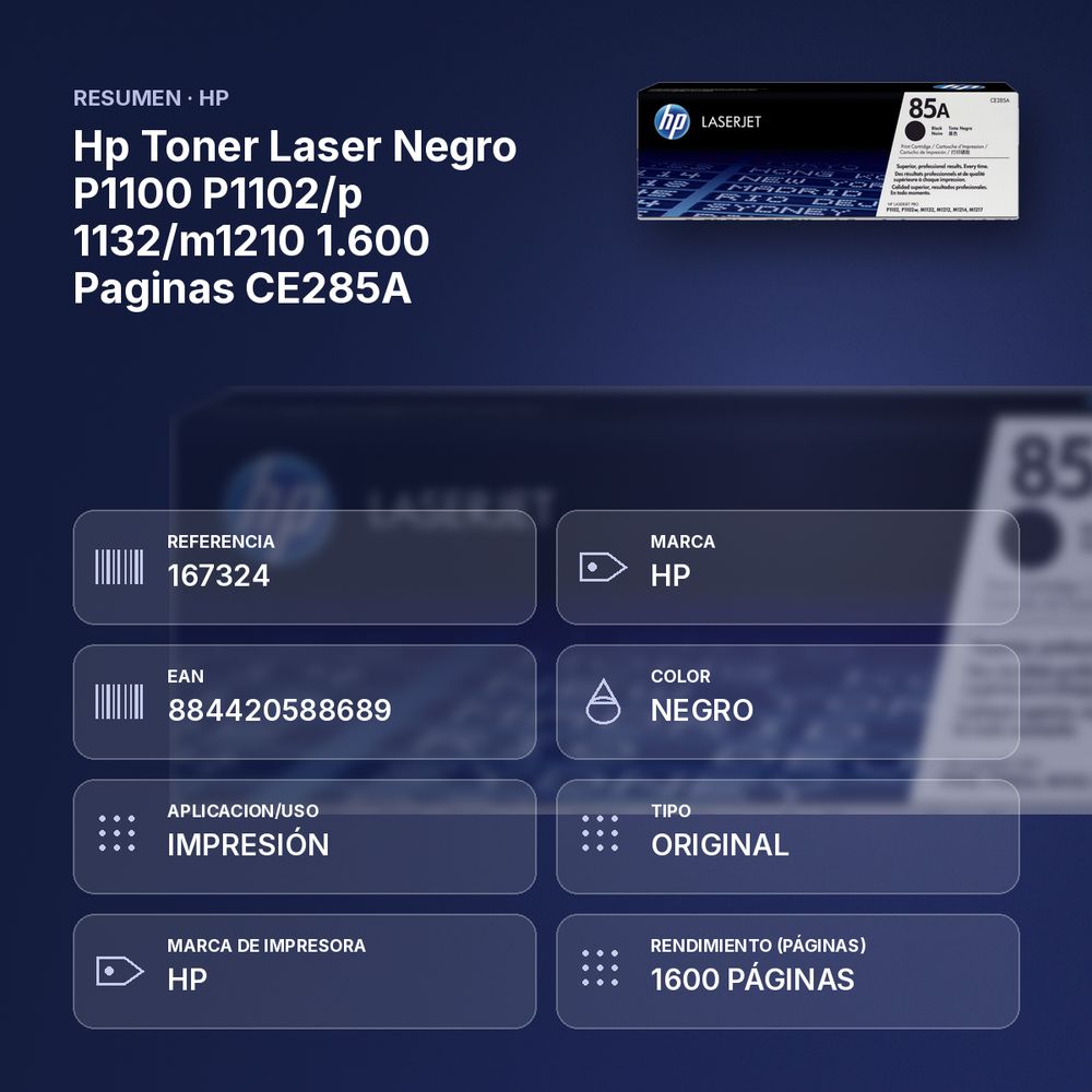 HP TONER LASER NEGRO P1100 P1102/P 1132/M1210 1.600 PAGINAS CE285A - resumen de atributos