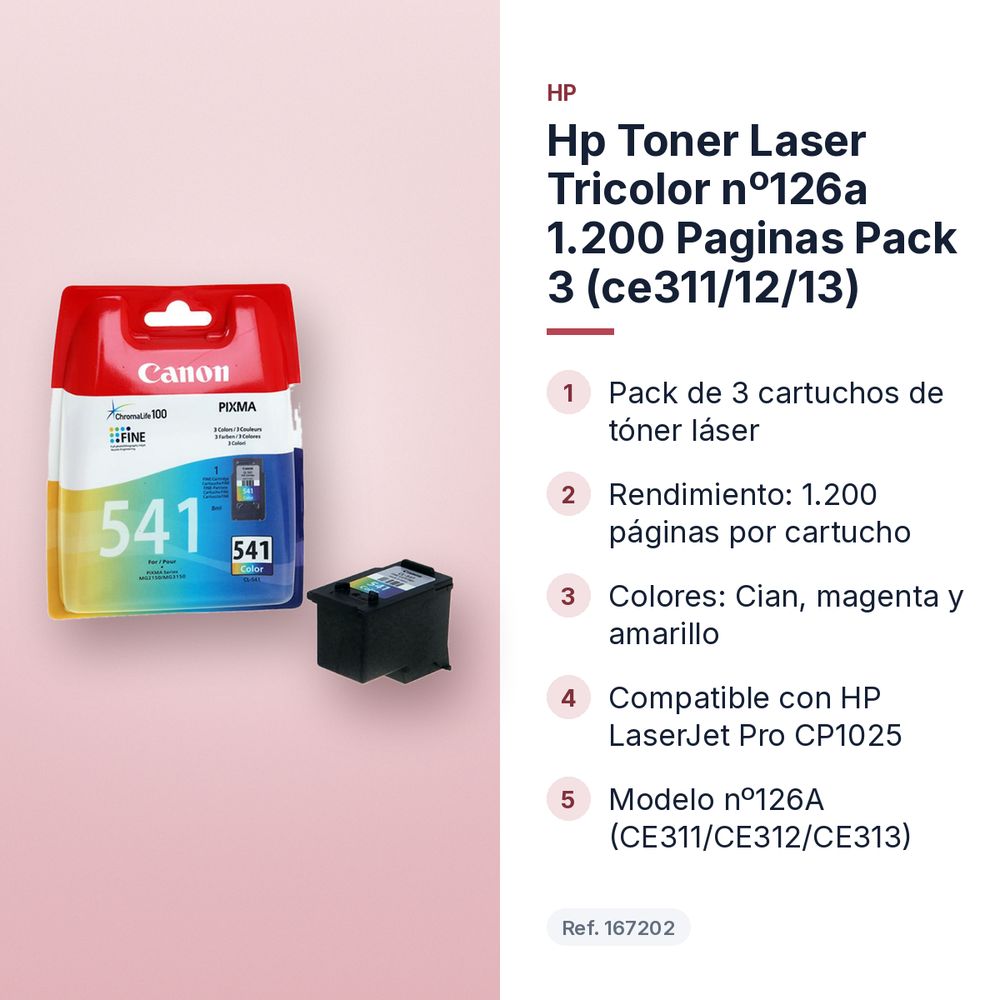 HP TONER LASER TRICOLOR Nº126A 1.200 PAGINAS PACK 3 (CE311/12/13) - características principales