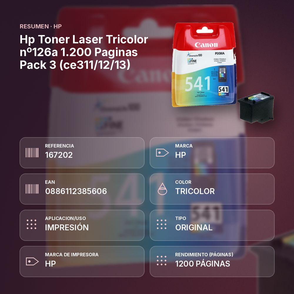 HP TONER LASER TRICOLOR Nº126A 1.200 PAGINAS PACK 3 (CE311/12/13) - resumen de atributos