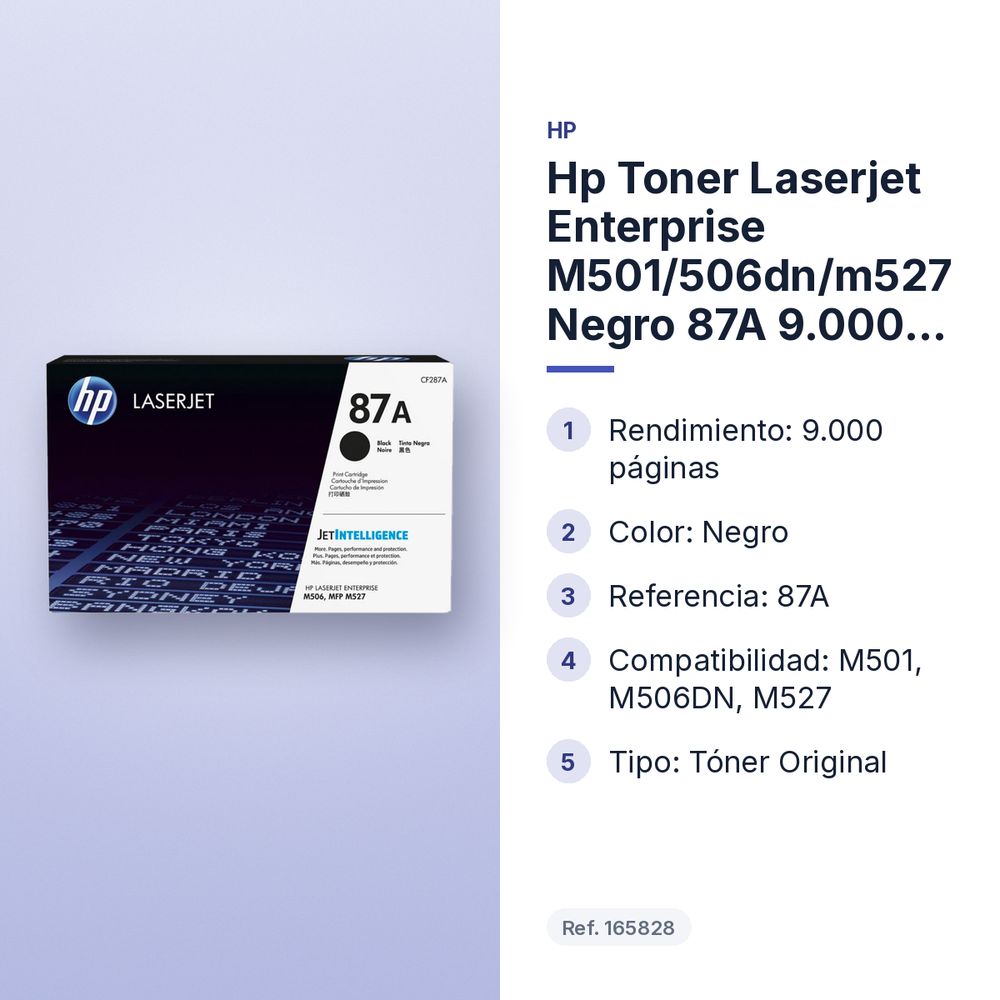 HP TONER LASERJET ENTERPRISE M501/506DN/M527 NEGRO 87A 9.000 PAGINAS - características principales