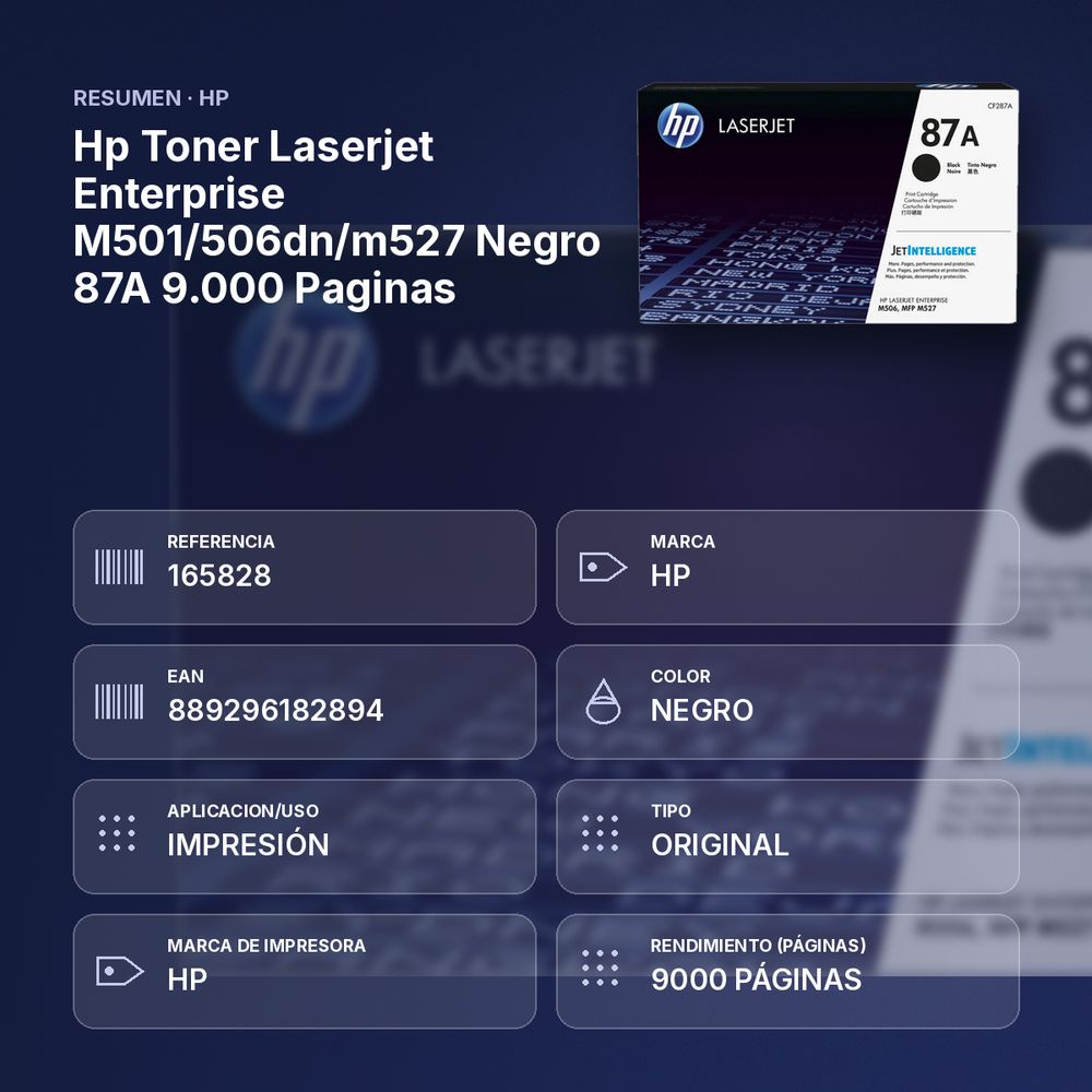 HP TONER LASERJET ENTERPRISE M501/506DN/M527 NEGRO 87A 9.000 PAGINAS - resumen de atributos