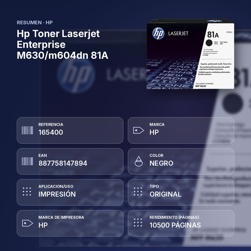 HP TONER LASERJET ENTERPRISE M630/M604DN 81A - resumen de atributos