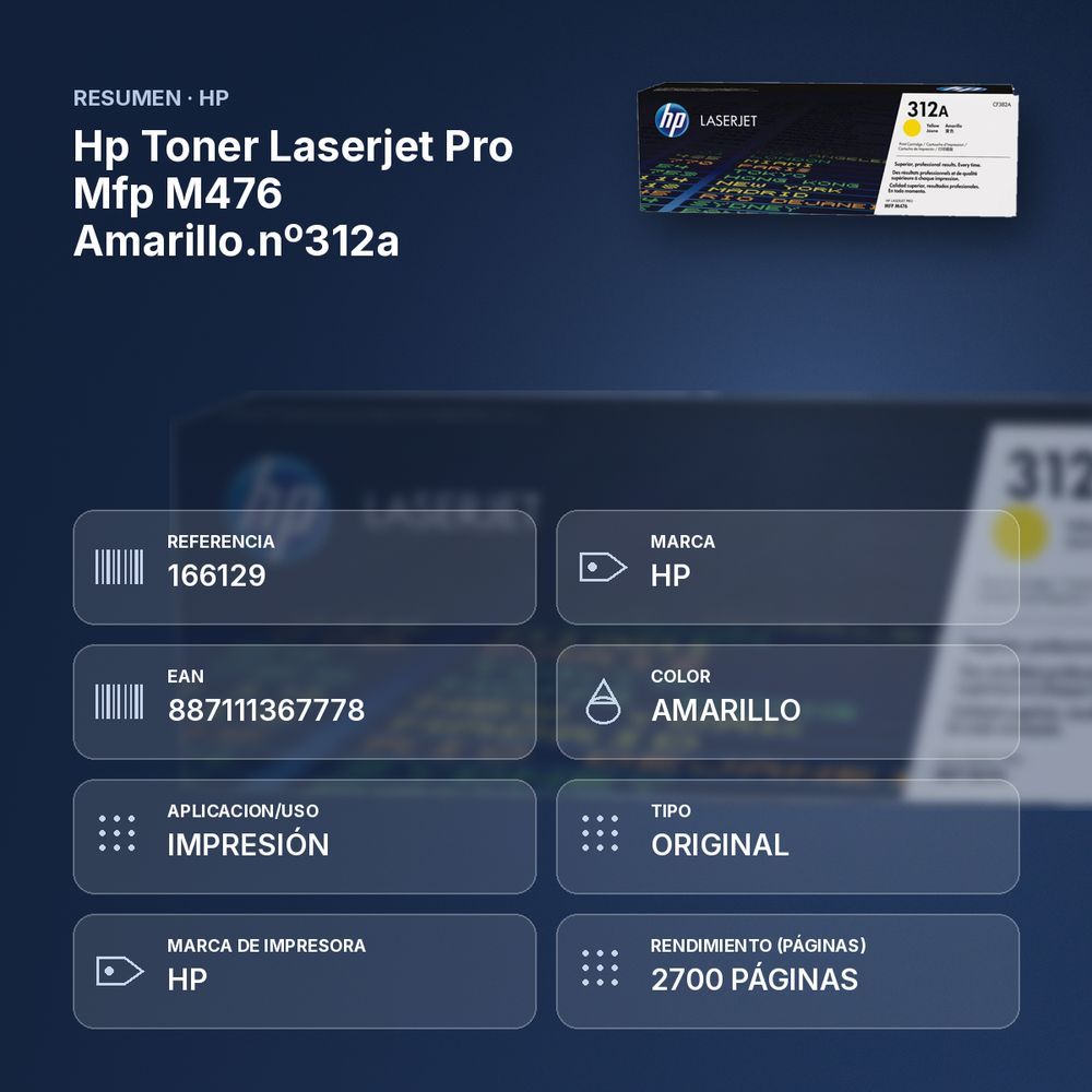 HP TONER LASERJET PRO MFP M476 AMARILLO.Nº312A - resumen de atributos