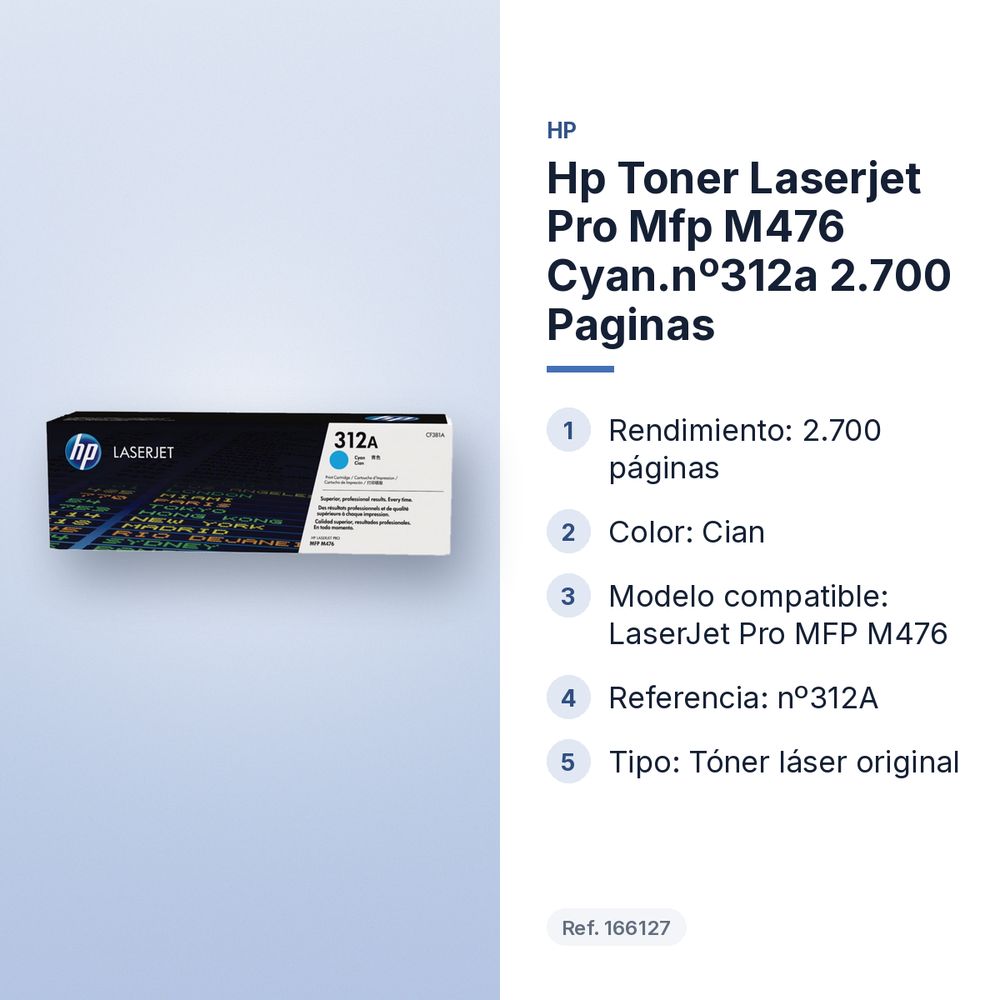 HP TONER LASERJET PRO MFP M476 CYAN.Nº312A 2.700 PAGINAS - características principales