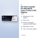 HP TONER LASERJET PRO MFP M476 CYAN.Nº312A 2.700 PAGINAS - características principales