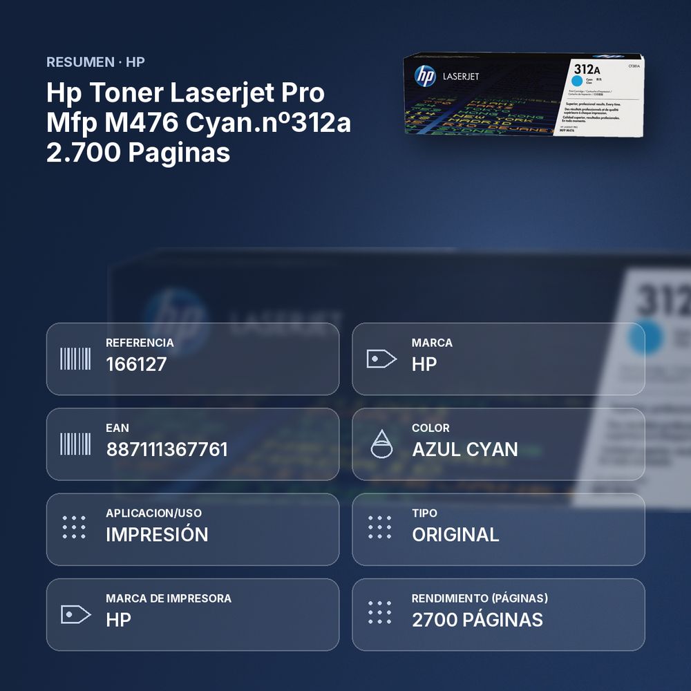 HP TONER LASERJET PRO MFP M476 CYAN.Nº312A 2.700 PAGINAS - resumen de atributos