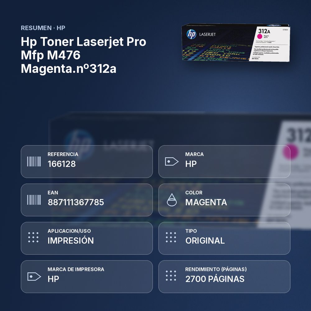 HP TONER LASERJET PRO MFP M476 MAGENTA.Nº312A - resumen de atributos
