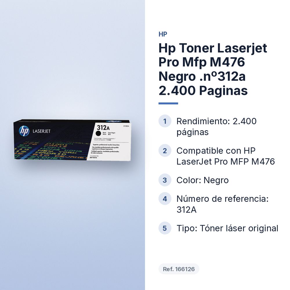 HP TONER LASERJET PRO MFP M476 NEGRO .Nº312A 2.400 PAGINAS - características principales