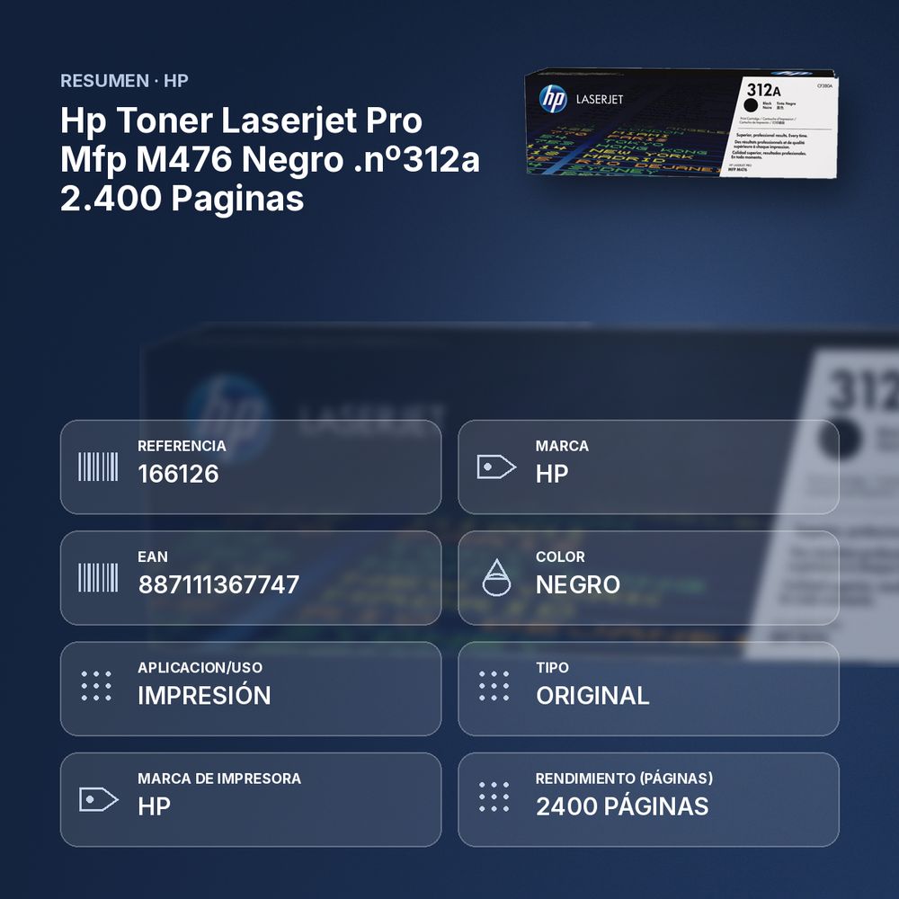 HP TONER LASERJET PRO MFP M476 NEGRO .Nº312A 2.400 PAGINAS - resumen de atributos