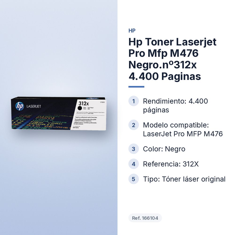 HP TONER LASERJET PRO MFP M476 NEGRO.Nº312X 4.400 PAGINAS - características principales