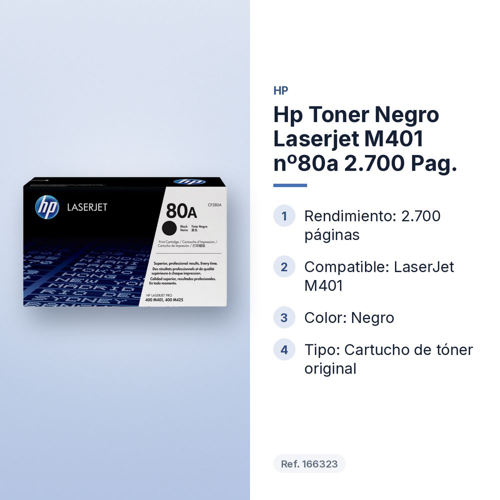 HP TONER NEGRO LASERJET M401 Nº80A 2.700 PAG. - características principales