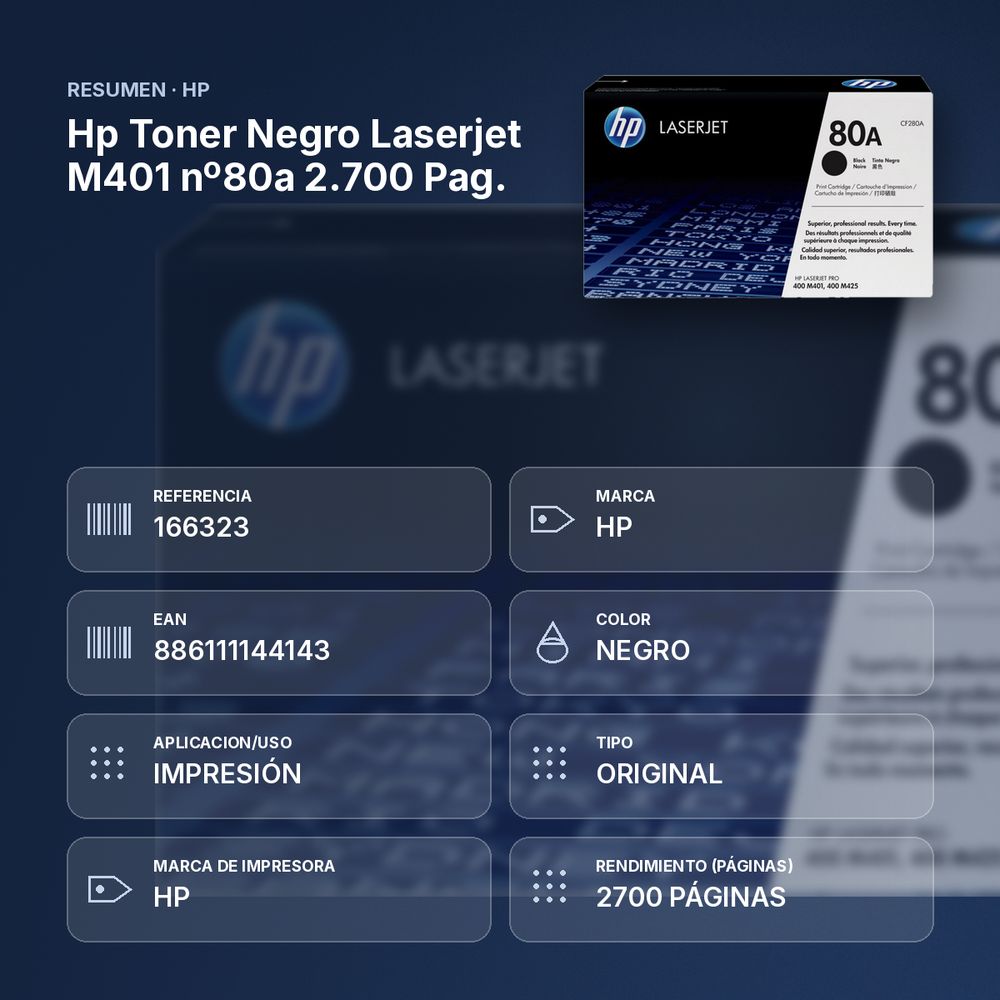 HP TONER NEGRO LASERJET M401 Nº80A 2.700 PAG. - resumen de atributos
