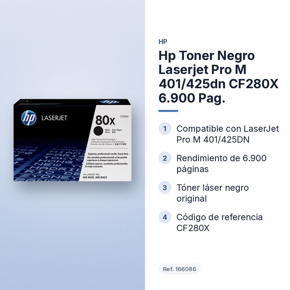 HP TONER NEGRO LASERJET PRO M 401/425DN CF280X 6.900 PAG. - características principales