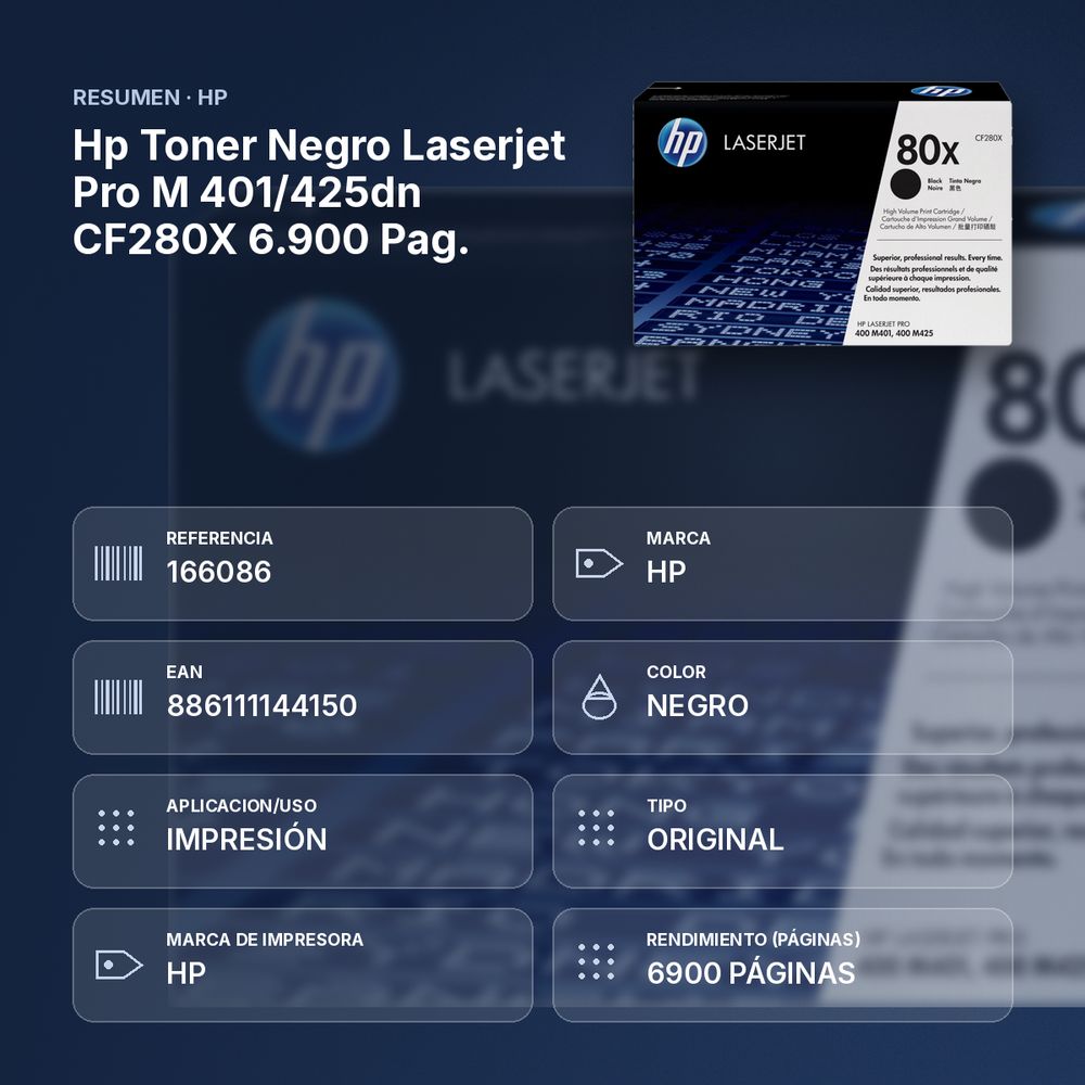 HP TONER NEGRO LASERJET PRO M 401/425DN CF280X 6.900 PAG. - resumen de atributos