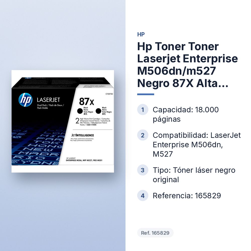 HP TONER TONER LASERJET ENTERPRISE M506DN/M527 NEGRO  87X ALTA CAPACIDAD 18.000 PAGINAS - características principales