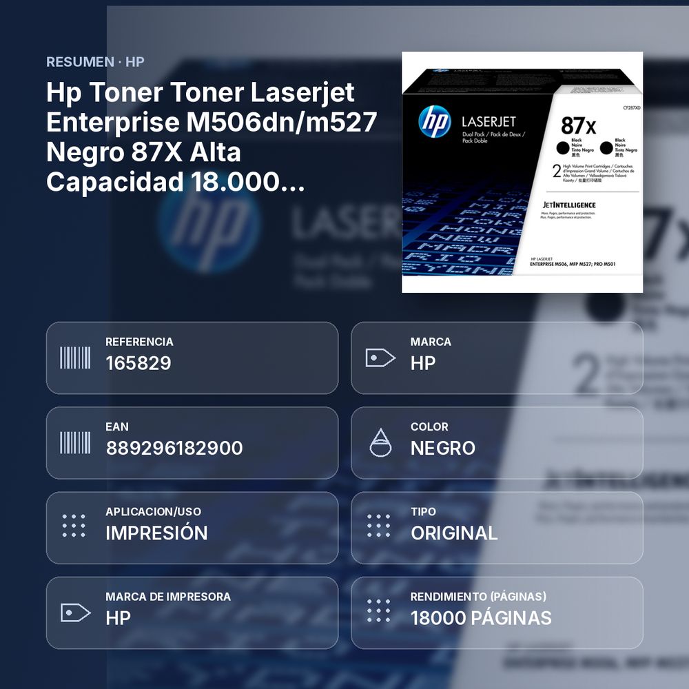 HP TONER TONER LASERJET ENTERPRISE M506DN/M527 NEGRO  87X ALTA CAPACIDAD 18.000 PAGINAS - resumen de atributos
