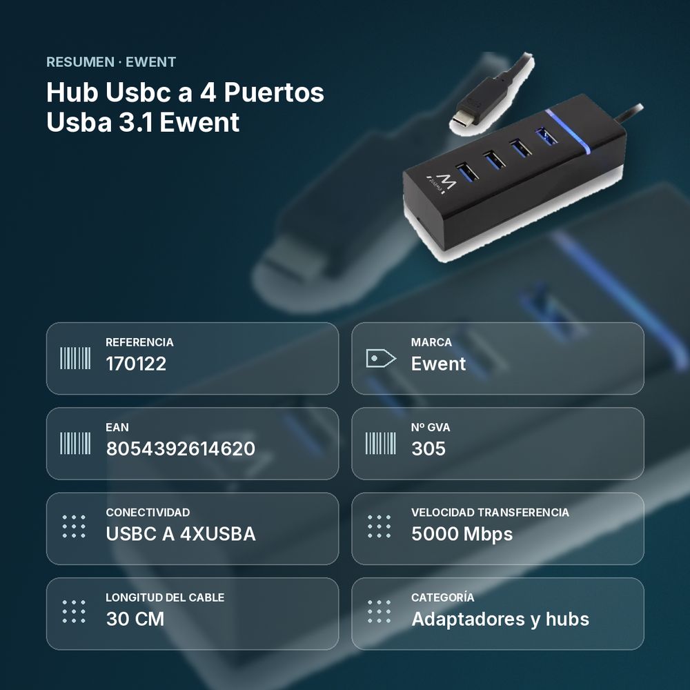 HUB USBC A 4 PUERTOS USBA 3.1 EWENT  - resumen de atributos
