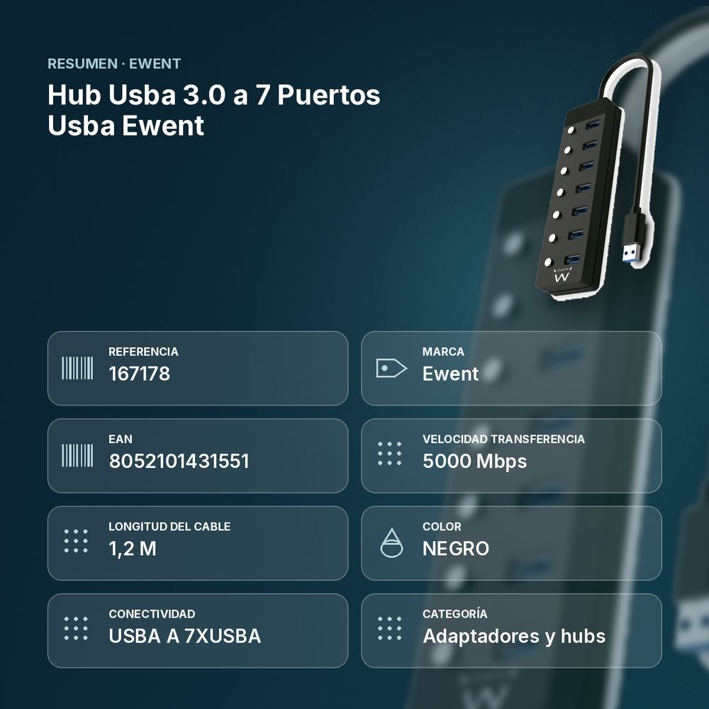 HUB USBA 3.0 A 7 PUERTOS USBA EWENT - resumen de atributos