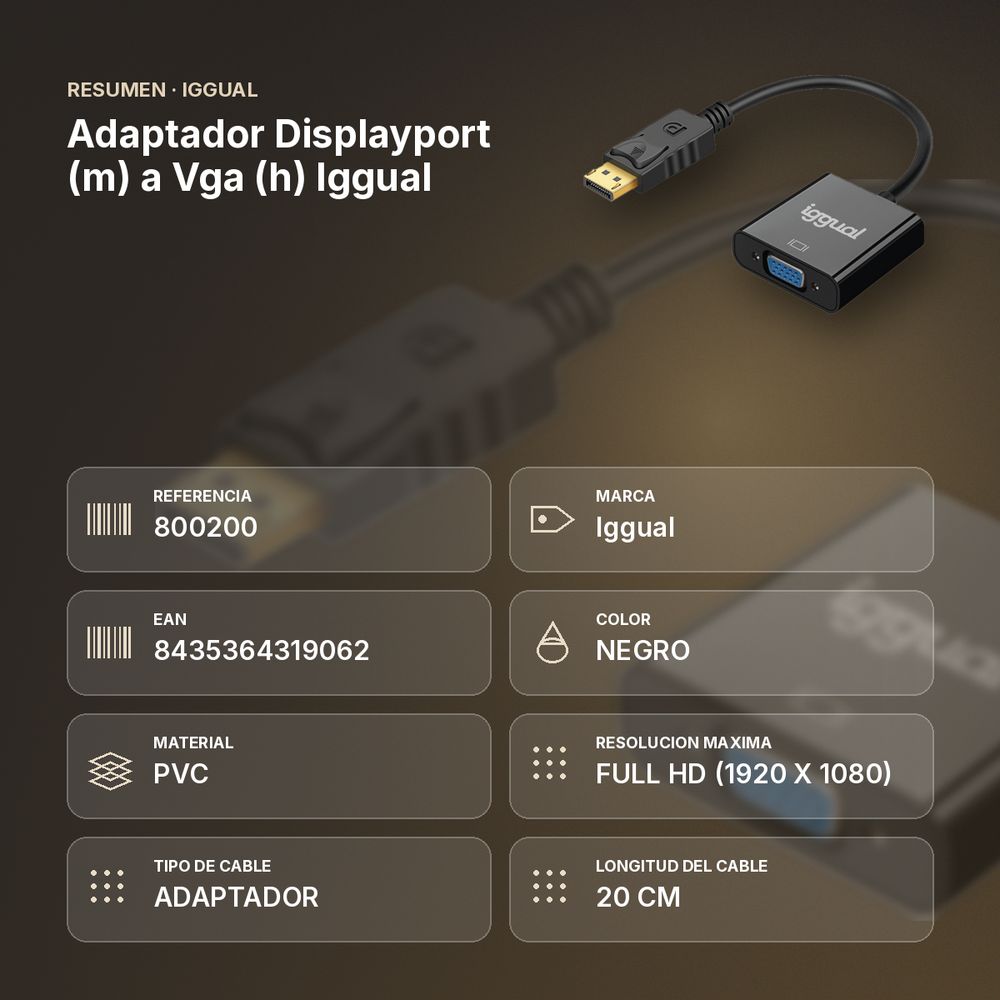 ADAPTADOR DISPLAYPORT (M) A VGA (H) IGGUAL  - resumen de atributos