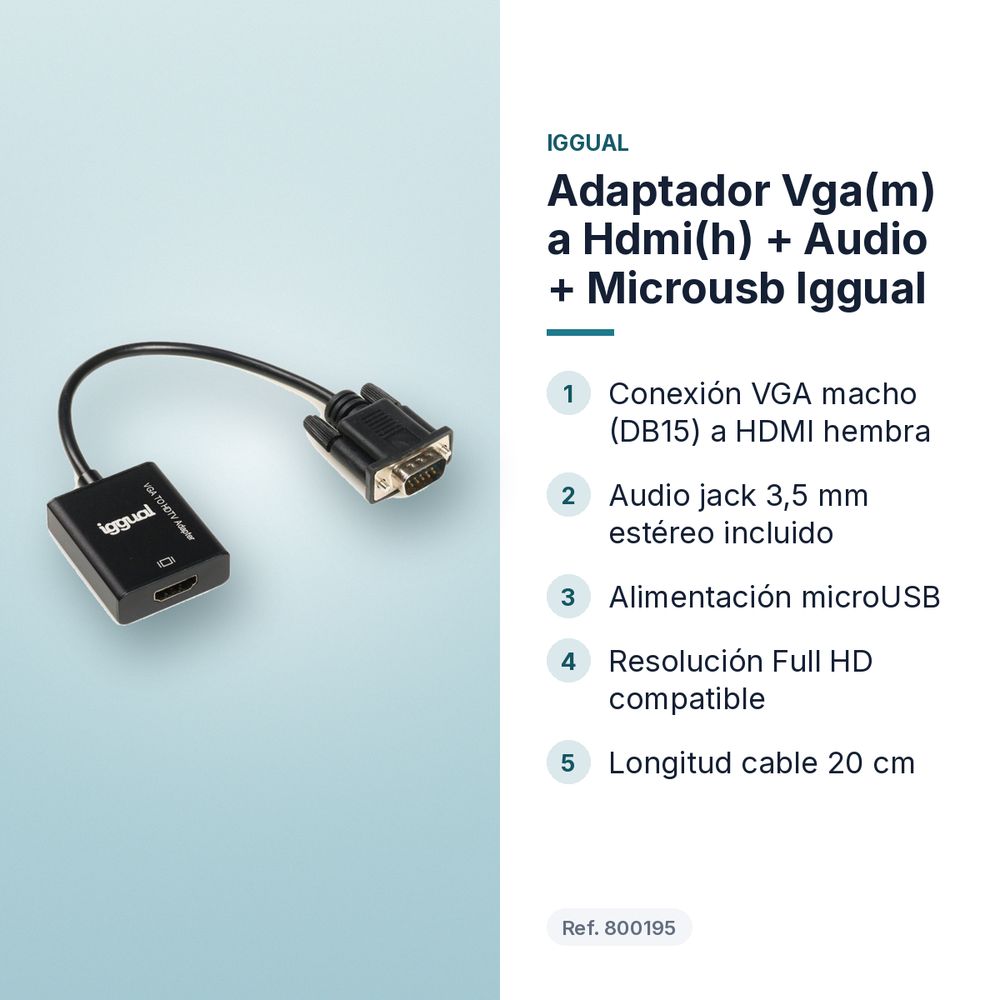 ADAPTADOR VGA(M) A HDMI(H) + AUDIO + MICROUSB IGGUAL  - características principales