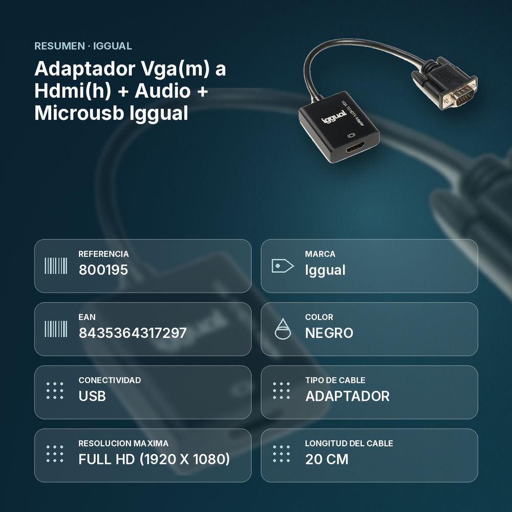 ADAPTADOR VGA(M) A HDMI(H) + AUDIO + MICROUSB IGGUAL  - resumen de atributos