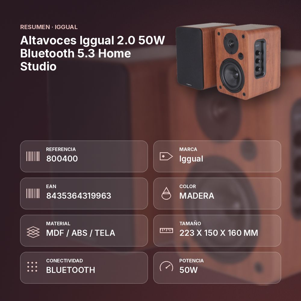 ALTAVOCES IGGUAL 2.0 50W BLUETOOTH 5.3 HOME STUDIO - resumen de atributos