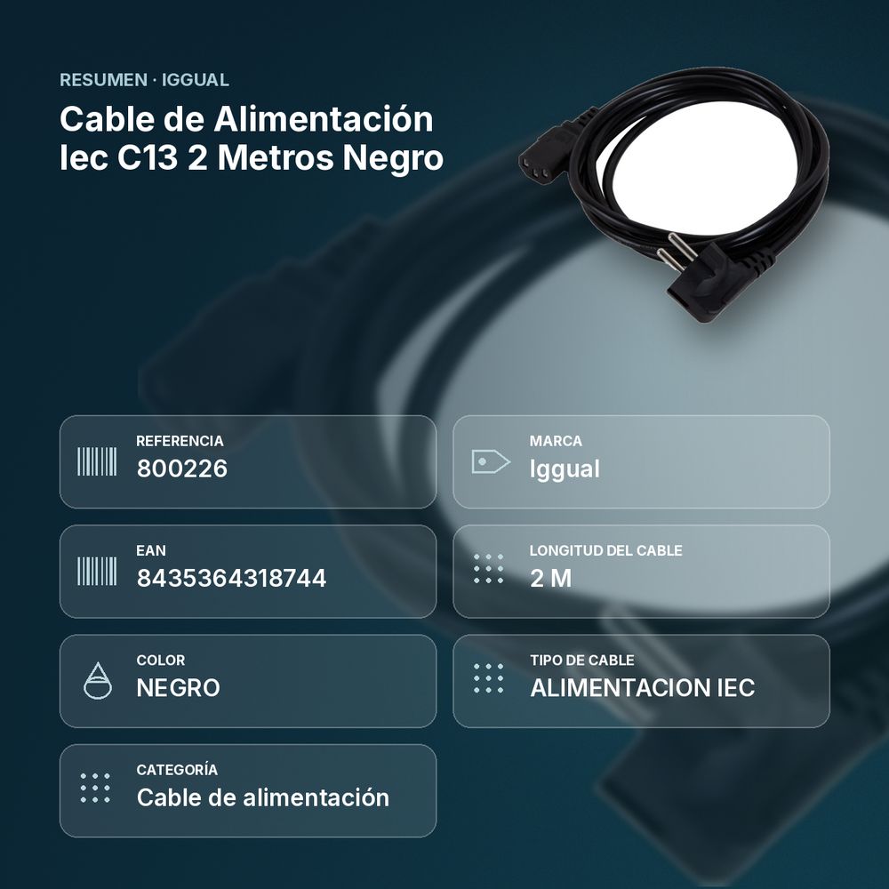 CABLE DE ALIMENTACIÓN IEC C13 2 METROS NEGRO - resumen de atributos