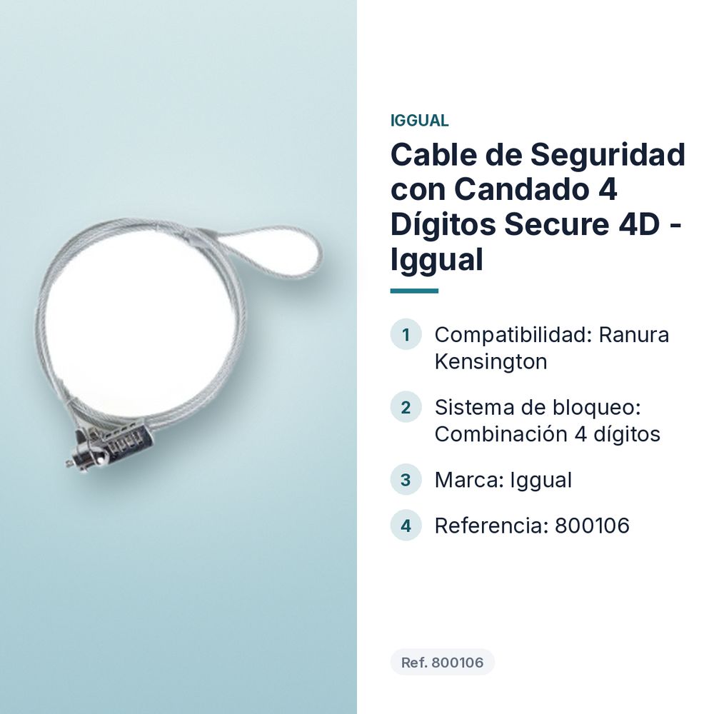 CABLE DE SEGURIDAD CON CANDADO 4 DÍGITOS SECURE 4D - IGGUAL  - características principales