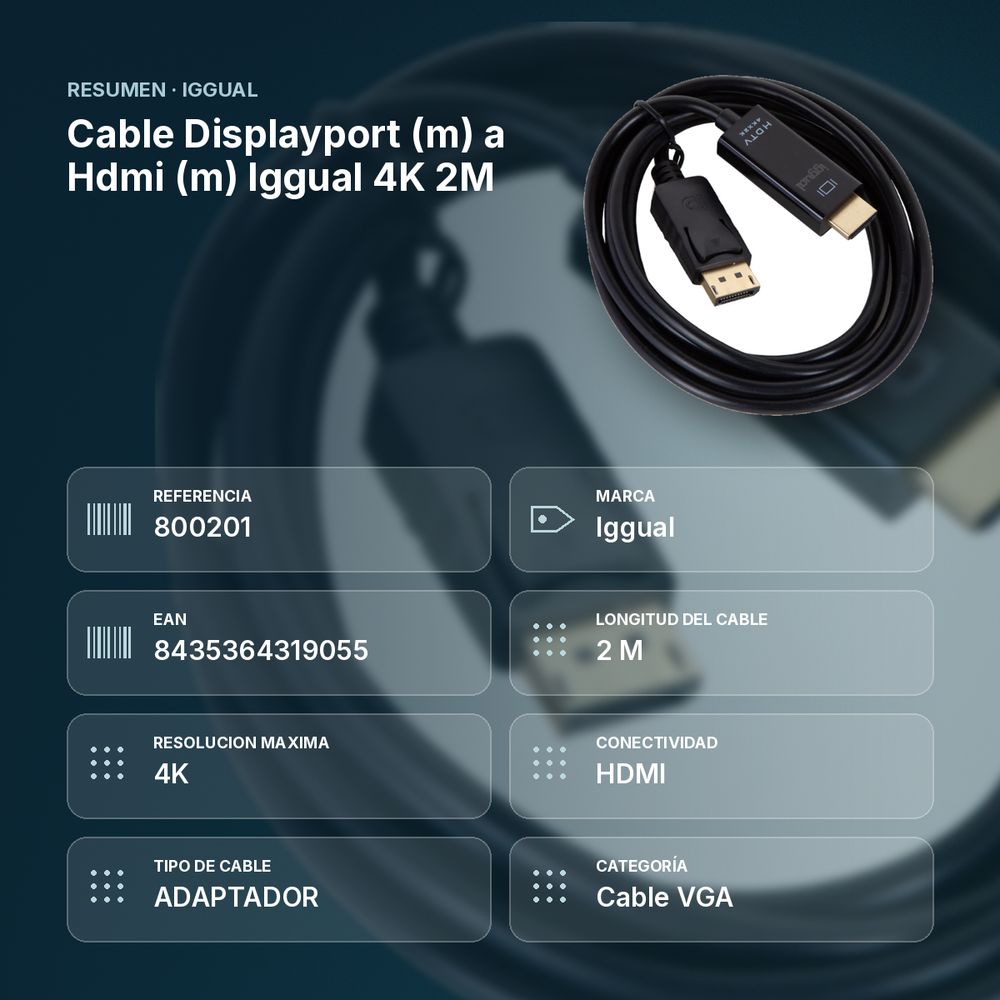 CABLE DISPLAYPORT (M) A HDMI (M) IGGUAL 4K 2M - resumen de atributos