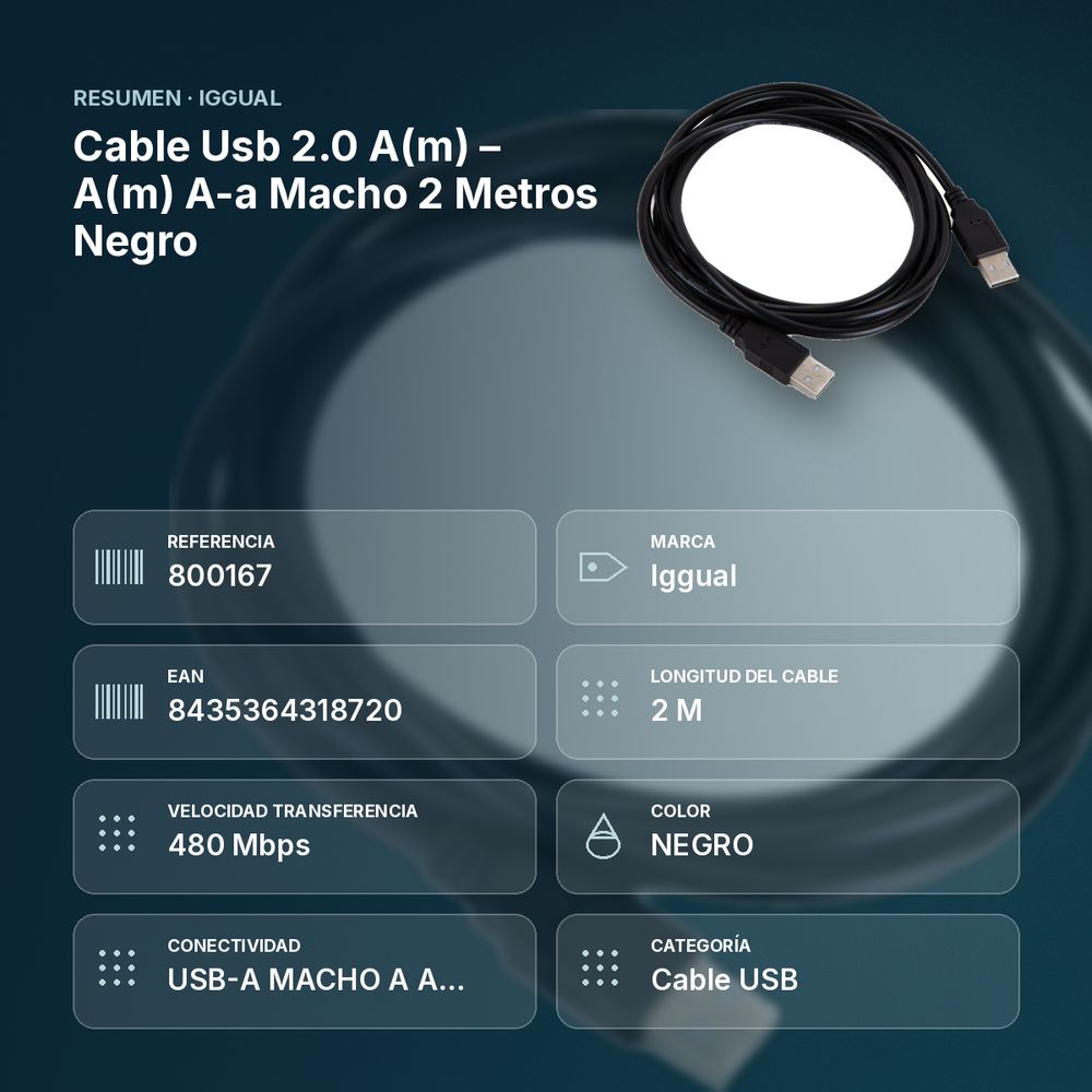 CABLE USB 2.0 A(M) – A(M) A-A MACHO 2 METROS NEGRO - resumen de atributos