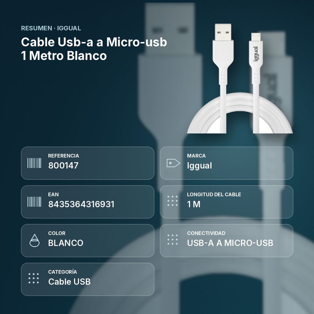 CABLE USB-A A MICRO-USB 1 METRO BLANCO - resumen de atributos