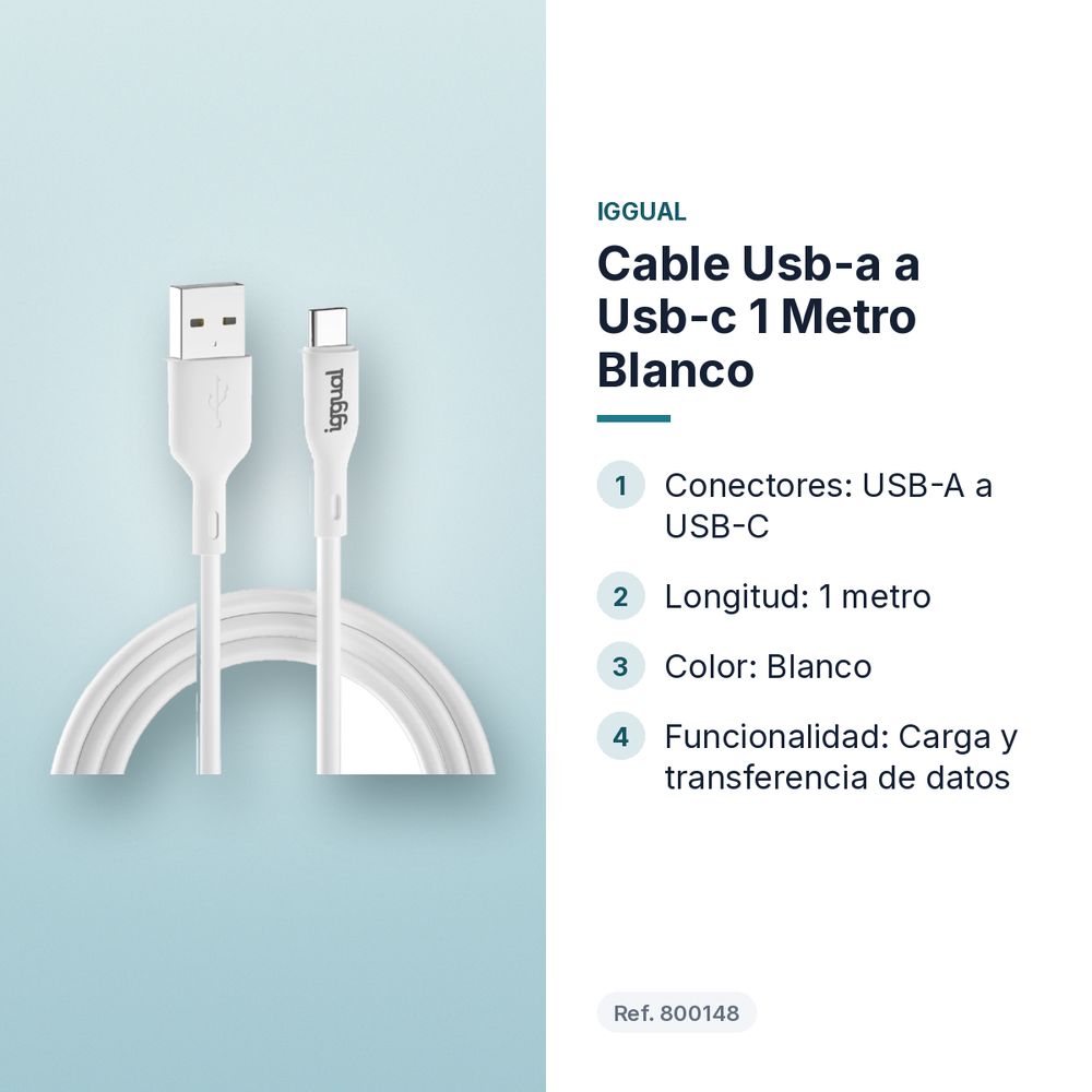 CABLE USB-A A USB-C 1 METRO BLANCO - características principales