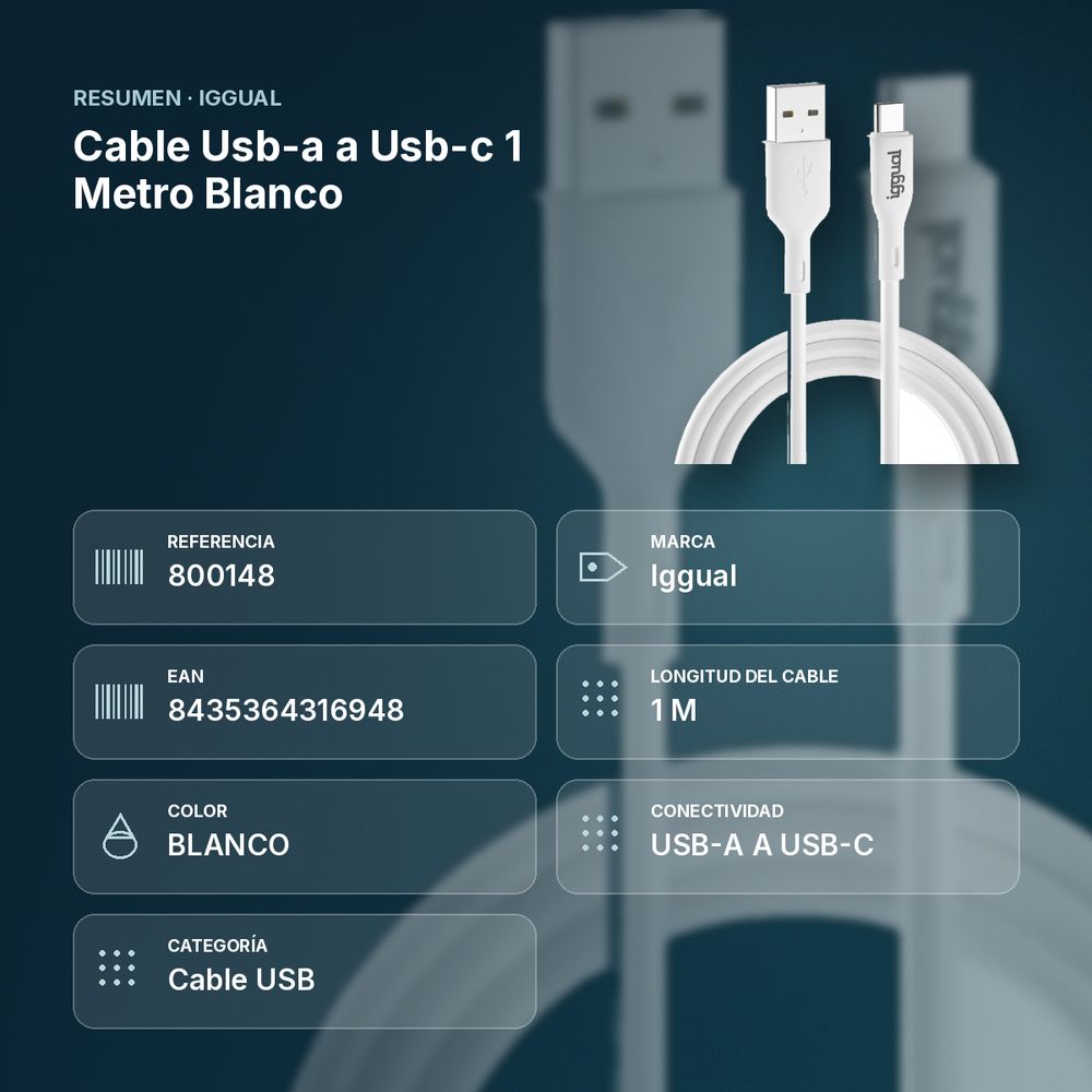 CABLE USB-A A USB-C 1 METRO BLANCO - resumen de atributos