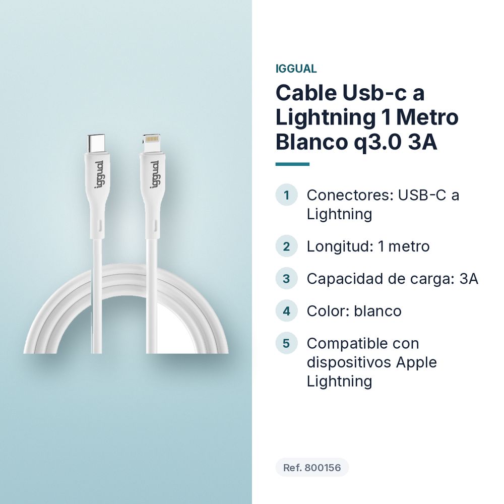 CABLE USB-C A LIGHTNING 1 METRO BLANCO Q3.0 3A - características principales