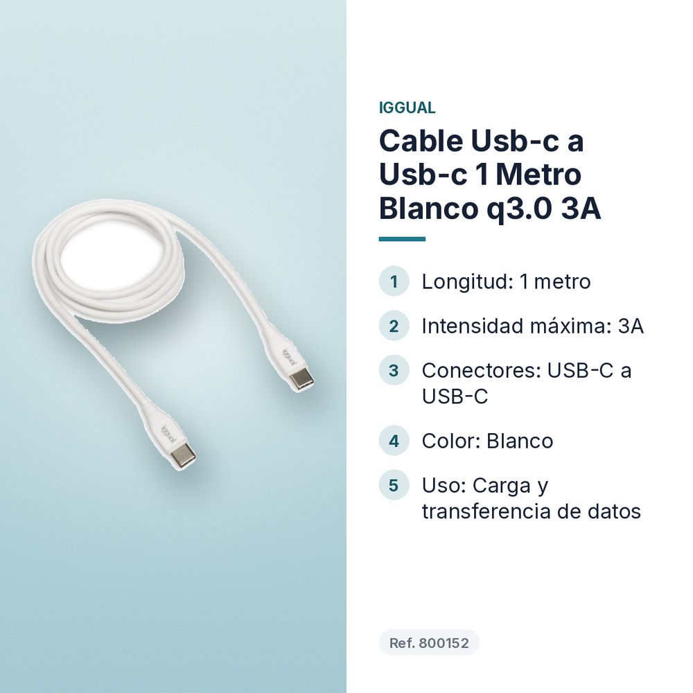 CABLE USB-C A USB-C 1 METRO BLANCO Q3.0 3A - características principales
