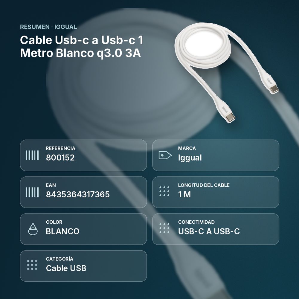 CABLE USB-C A USB-C 1 METRO BLANCO Q3.0 3A - resumen de atributos