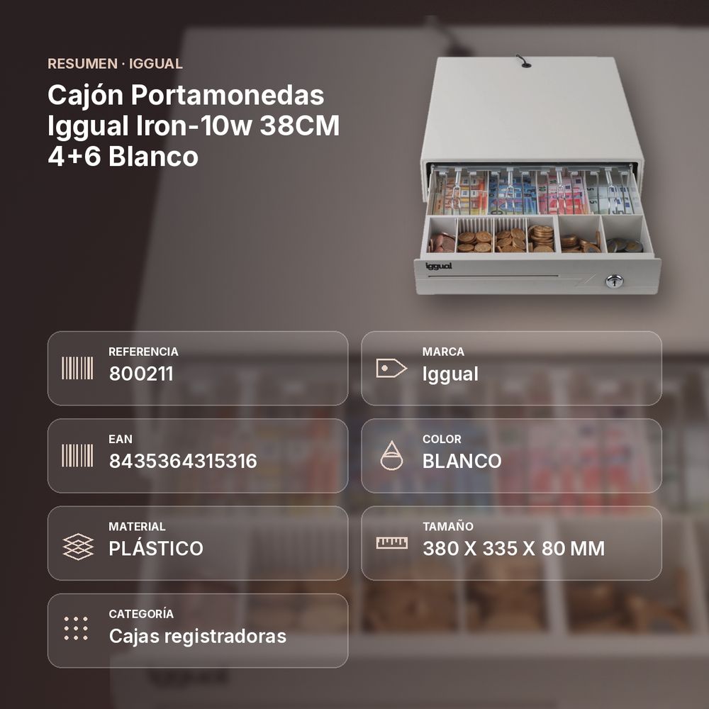 CAJÓN PORTAMONEDAS IGGUAL IRON-10W 38CM 4+6 BLANCO - resumen de atributos