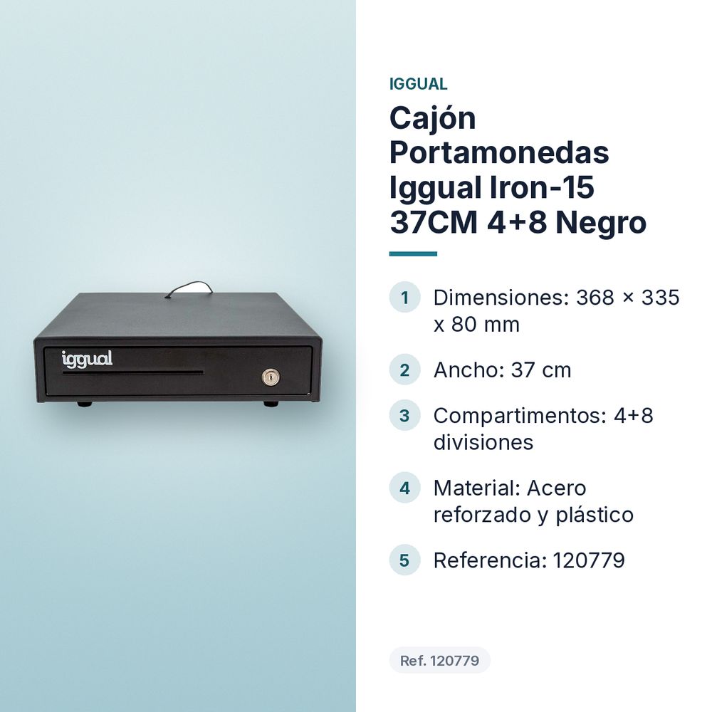 CAJÓN PORTAMONEDAS IGGUAL IRON-15 37CM 4+8 NEGRO - características principales