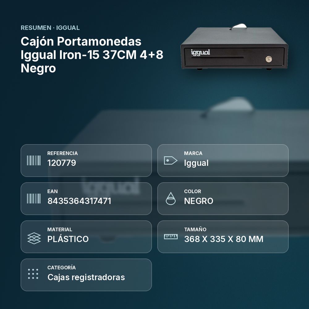 CAJÓN PORTAMONEDAS IGGUAL IRON-15 37CM 4+8 NEGRO - resumen de atributos